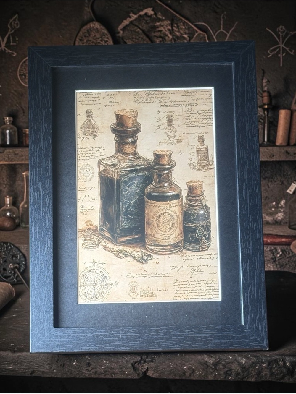 Vintage Dark Apothecary Potion Bottle Framed Art – New 5x7